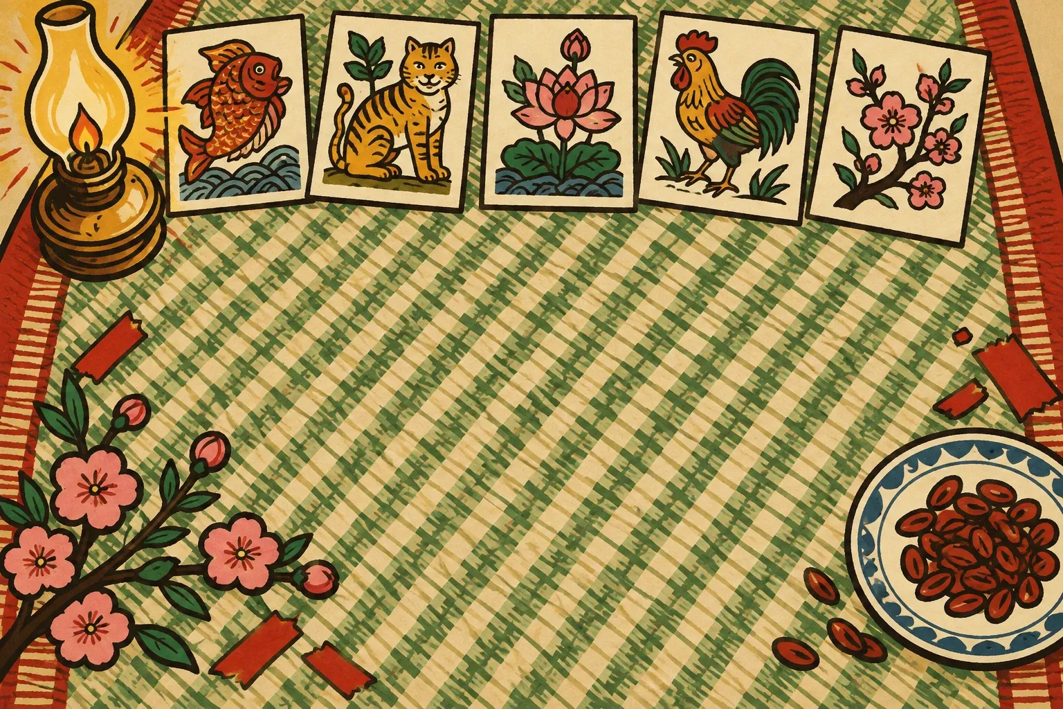 Đông Hồ prints laid out on a Tết straw mat