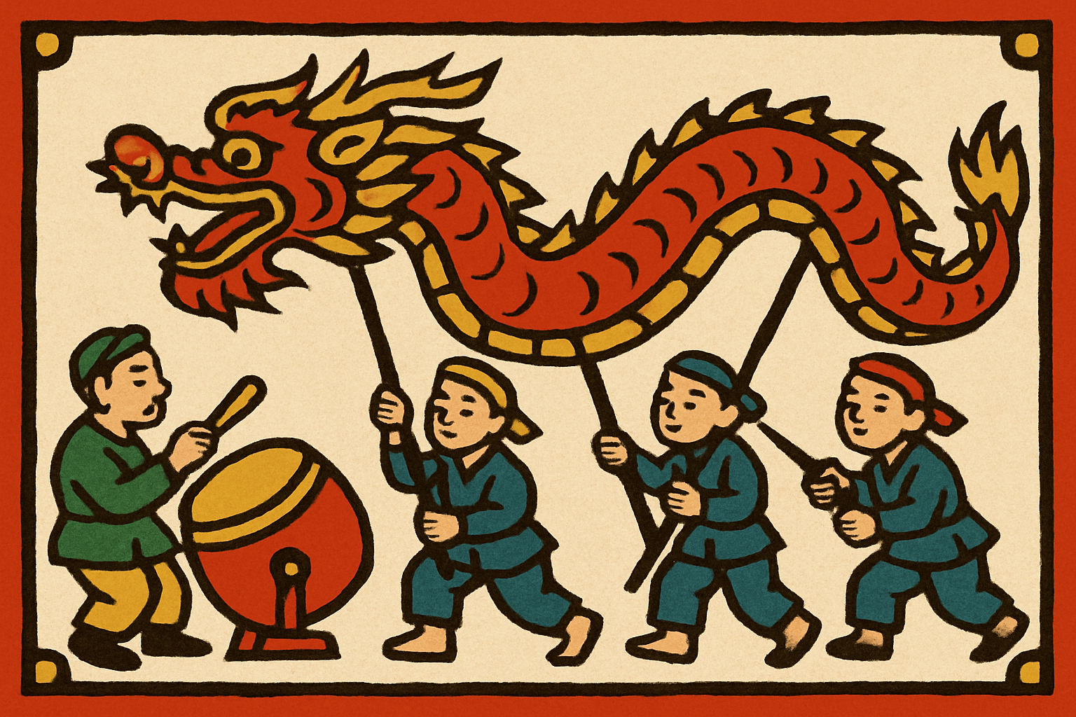 Vietnamese folk art of a red dragon dance from Dragon Straight